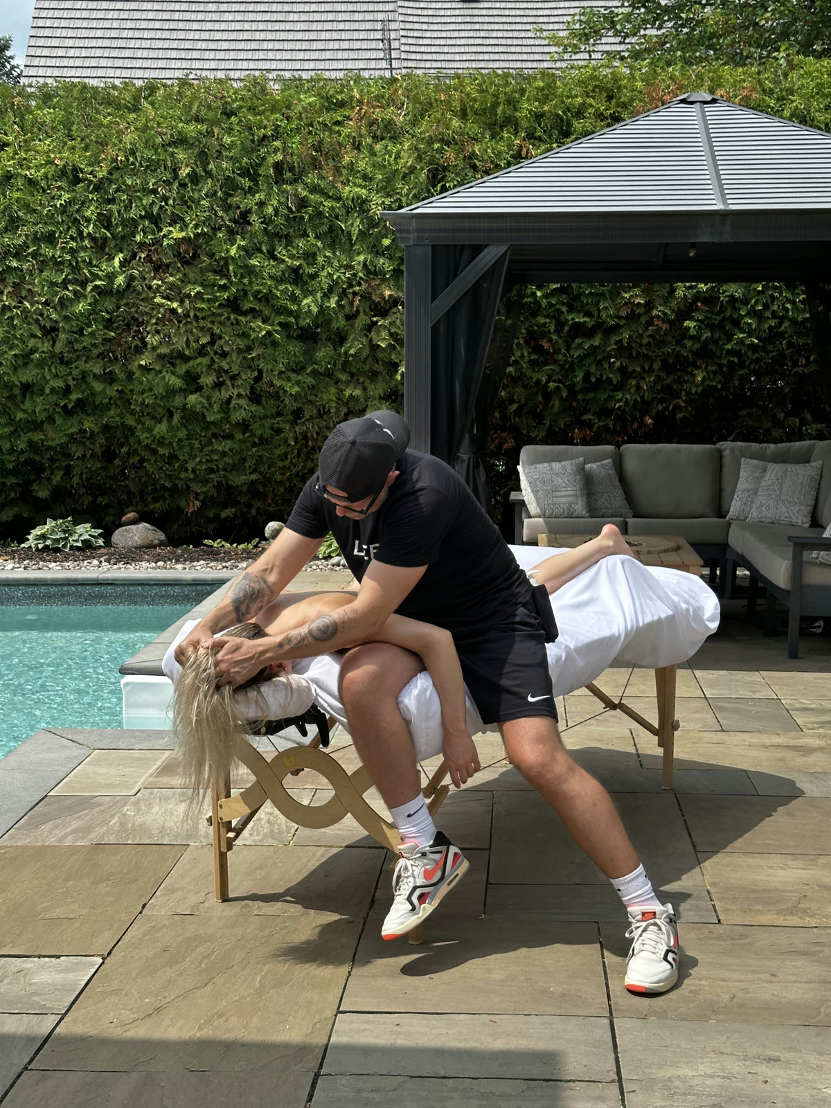 A poolside session by the gazebo